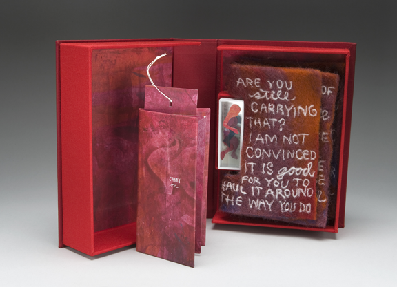 box with felted book and layered glass sculpture