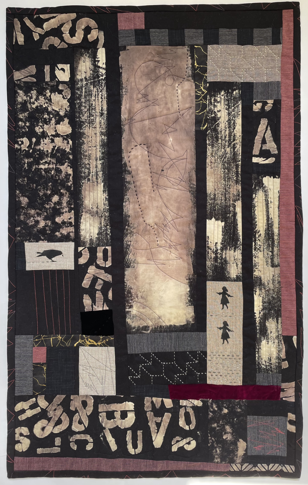 collagelike quilt with random letters and various textures and stencil of crow and two girls