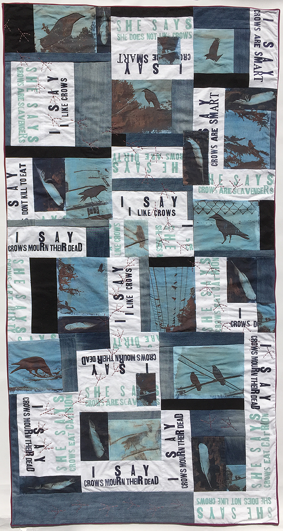 quilt with crow photos and text