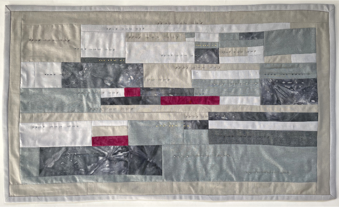pieced quilt with horizontal strips and three velvet pieces and quilting in morse code for fog sun and hope