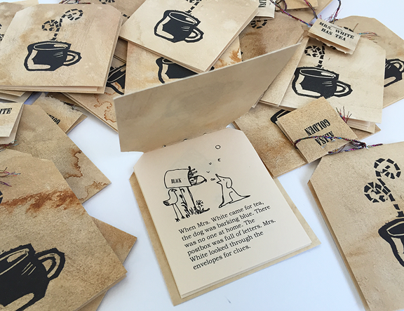 teabag-shaped book with drawings