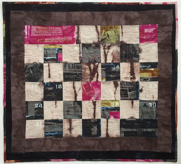 checkerboard quilt with numbers like a calendar and tie dye like trees interspersed with photos of warning signs