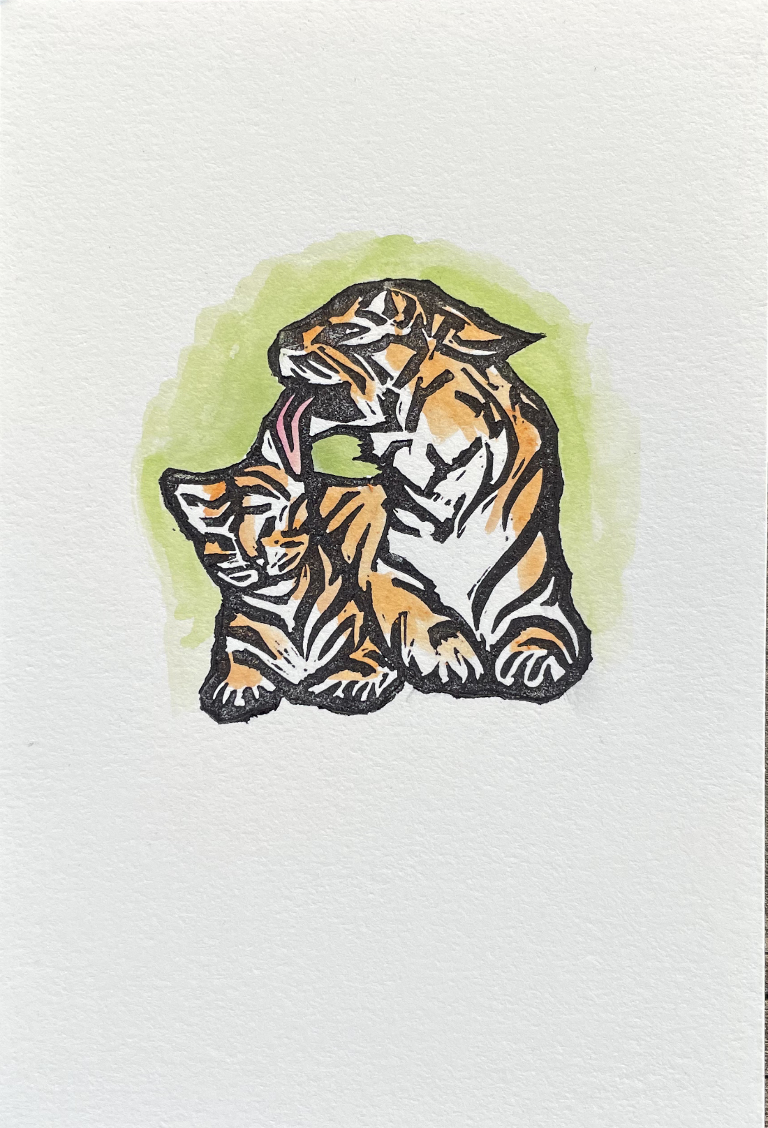 linocut of tiger licking cub