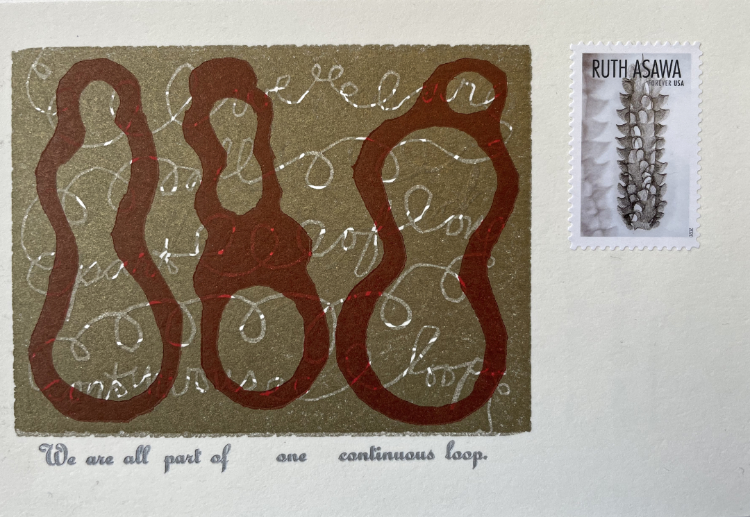 ruth asawa postage stamp and letterpress printed linoleum block abstract loops with the words we are all part of one continuous loop