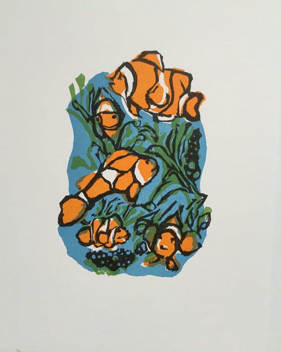 print of clownfish among sea plants
