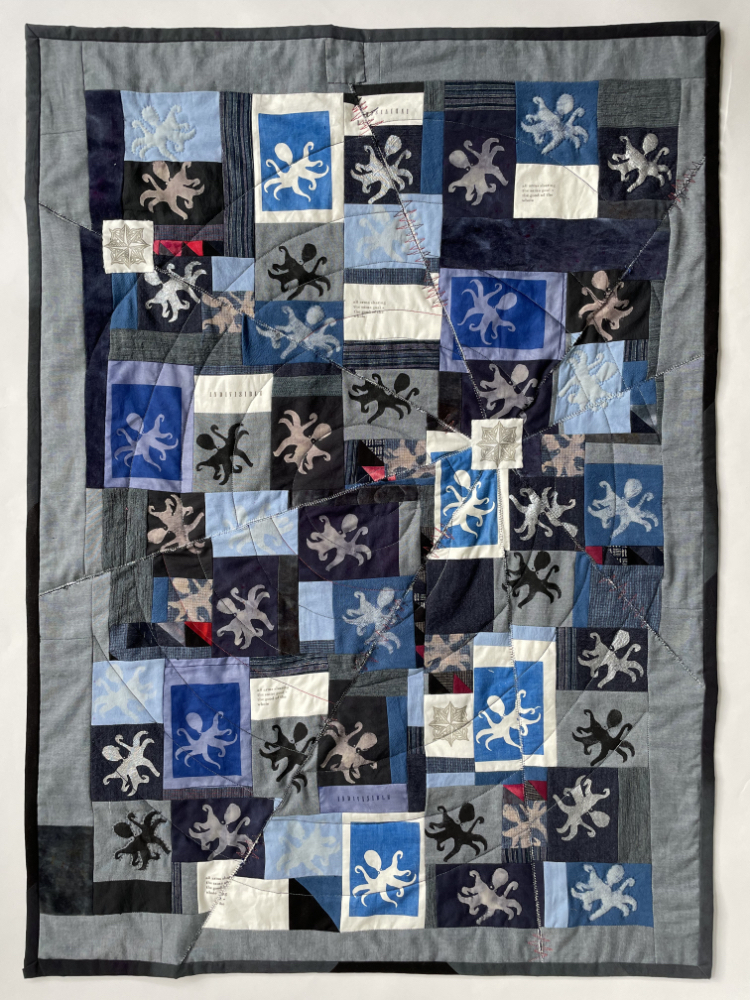 pieced quilt with horizontal strips and three velvet pieces and quilting in morse code for fog sun and hope
