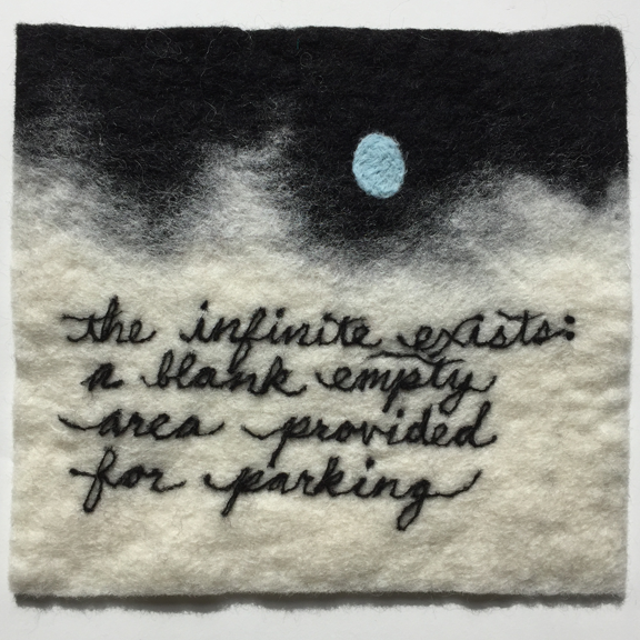 embroidery of night sky with moon and text that says: 