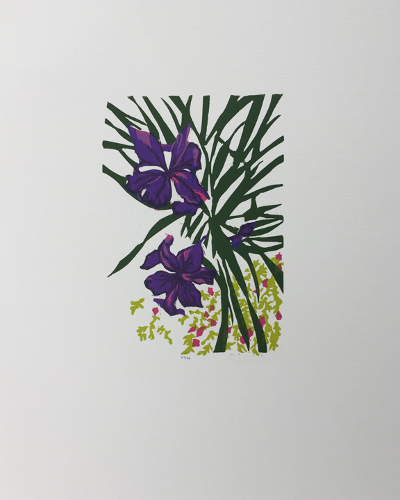 print of iris flowers and leaves