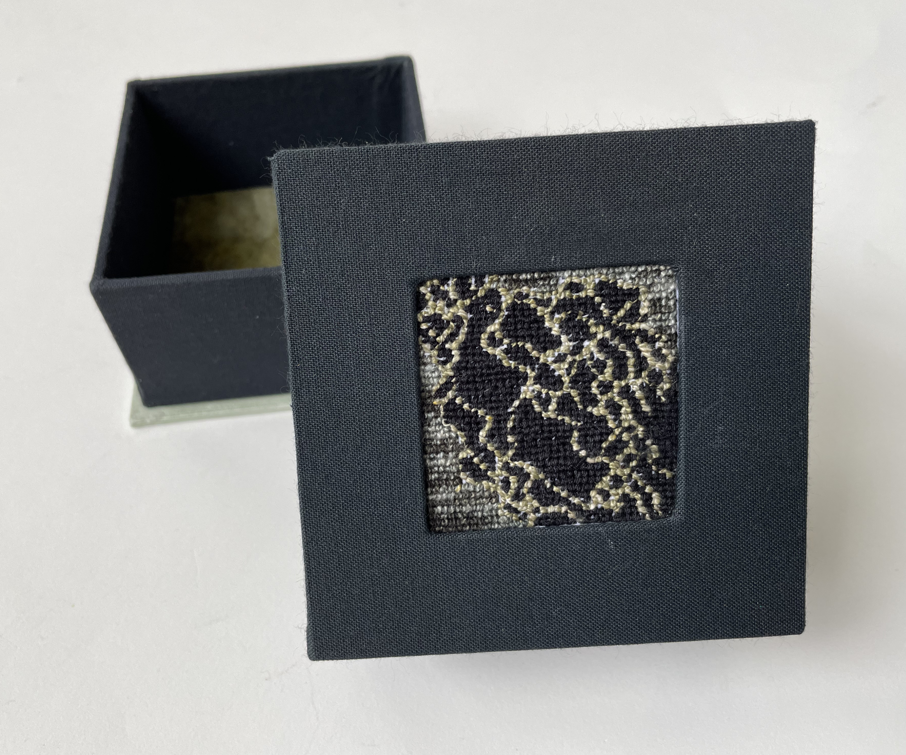 a box with an inset needlepoint of a lace lichen against black background