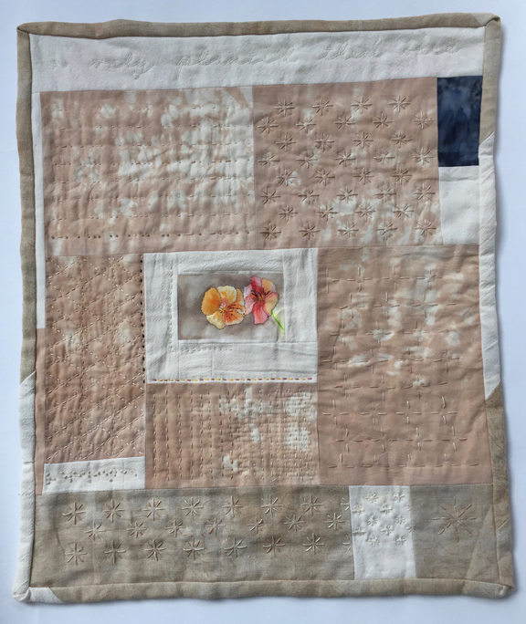 quilt with small painting of nasturtiums and lots of stitching