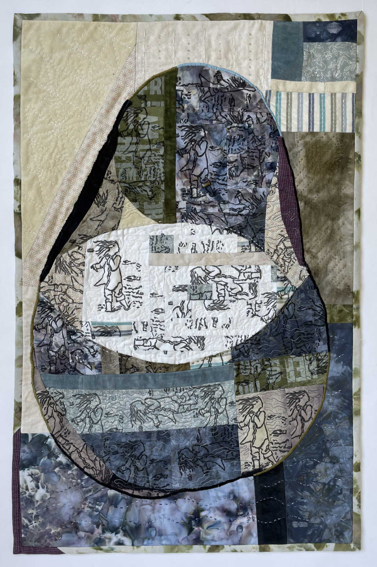 quilt with large pieced egg or pear shape and linocut prints on cotton of a windblown woman wading in the water