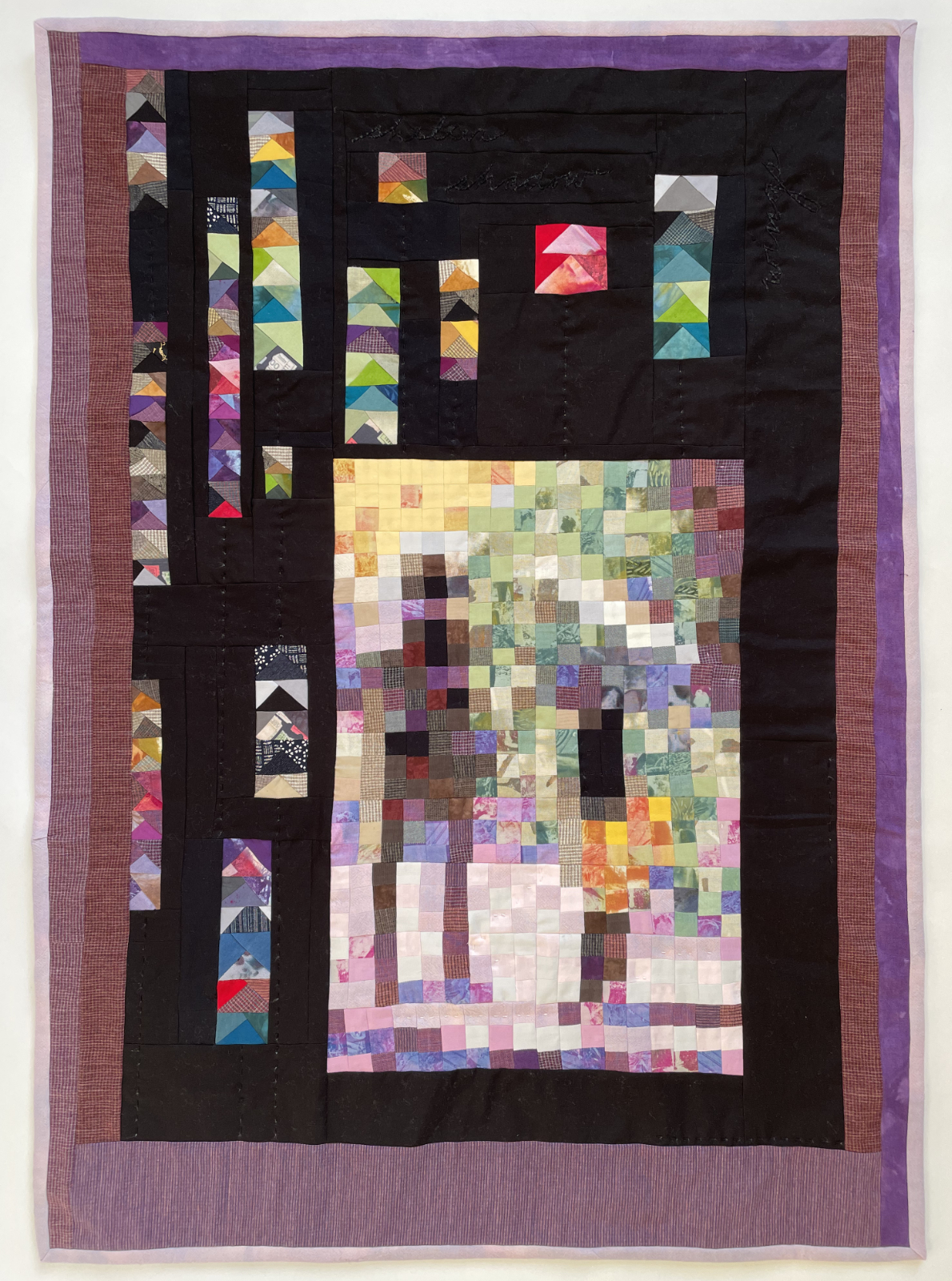 pieced quilt of image made up of squares of a woman shading her daughter with parasol as they walk